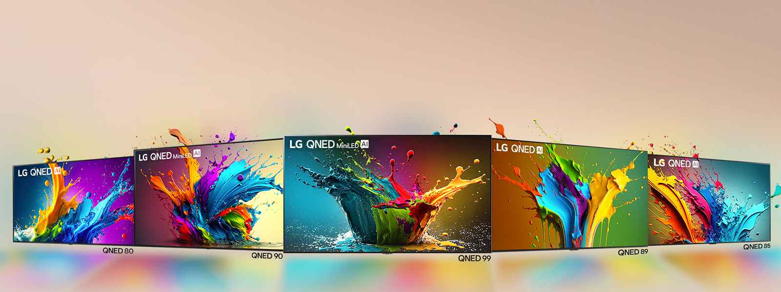 LG QNED 80, QNED 90, QNED 99, QNED 89, and QNED 85 TV standing side by side in an angled line with QNED 99 TV facing forward and the others at a 45 degree angle. Colorful droplets and waves of paint explode out of each screen, and light radiates, casting colorful shadows below.